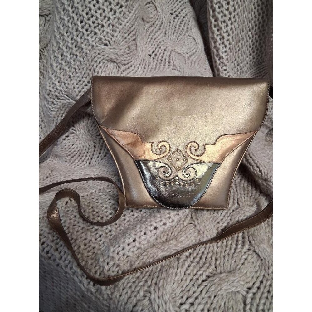 Margaret J Leather Crossbody Bag With Gold & Black Accents Made In Spain 7"x10"